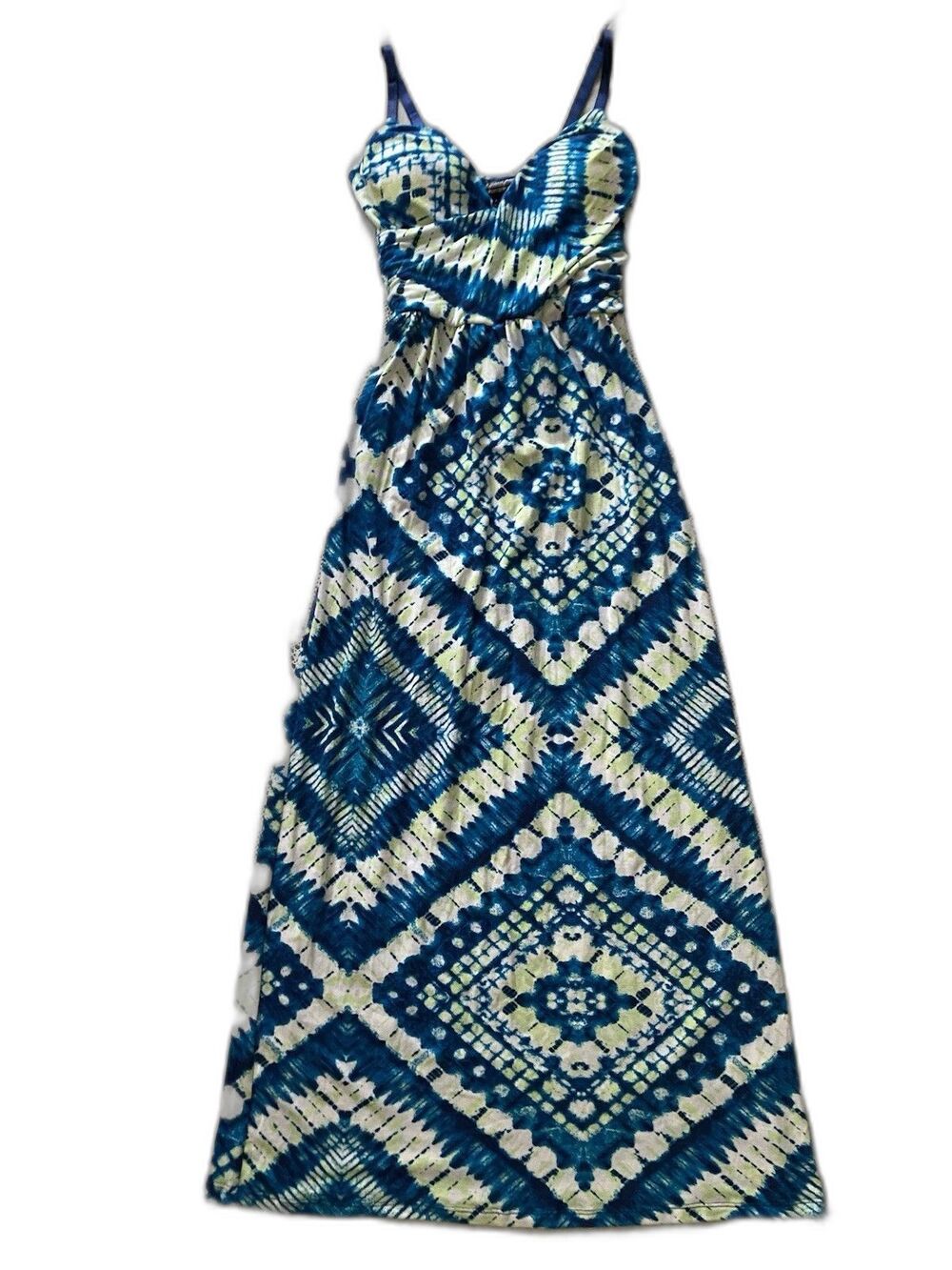 Allison Brittney Halter Dress Womens M Maxi Tie Dye Geometric Y2K White Blue